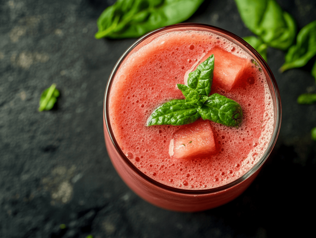 A glass of refreshing watermelon spinach smoothie, topped with fresh watermelon cubes and a mint garnish, with spinach leaves scattered on a dark textured surface. A vibrant, healthy drink perfect for hydration and nourishment.