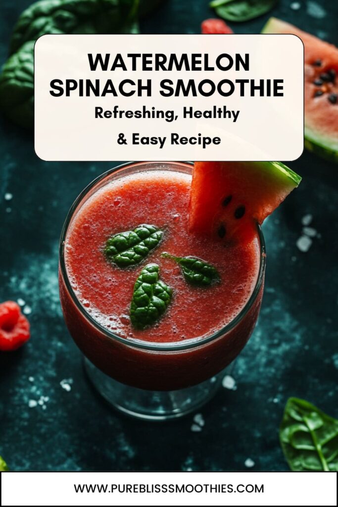 Sharable image featuring a vibrant watermelon spinach smoothie garnished with fresh spinach leaves and a watermelon slice. The text highlights 'Watermelon Spinach Smoothie - Refreshing, Healthy & Easy Recipe' with a call to visit www.pureblisssmoothies.com. Perfect for promoting a delicious and nutritious smoothie recipe!