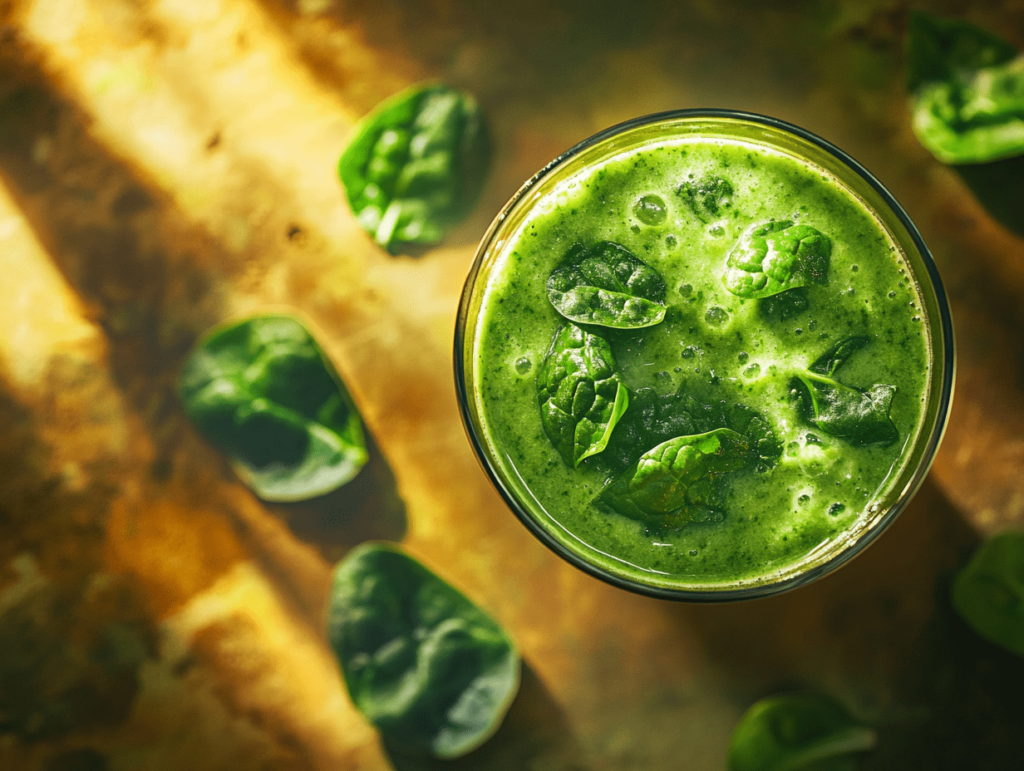 A vibrant green yogurt smoothie with spinach leaves floating on top, served in a glass. The smoothie is set against a warm, sunlit background, with fresh spinach leaves scattered around, highlighting its fresh, healthy ingredients and natural colors.