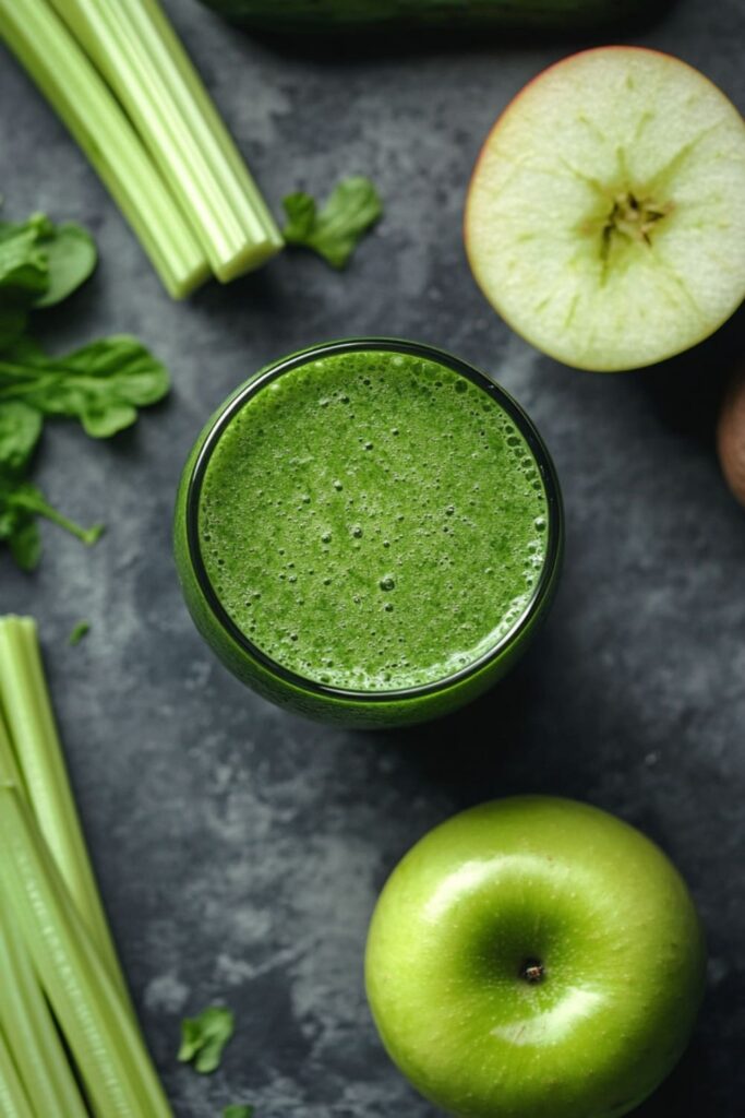 Top view of a vibrant green smoothie in a glass, surrounded by fresh ingredients including celery stalks, a halved green apple, and leafy greens. The smoothie has a smooth, frothy texture, suggesting it’s packed with fresh, crisp vegetables. The arrangement of the ingredients emphasizes the refreshing and detoxifying qualities of this smoothie, making it a perfect choice for a healthy, nutrient-rich drink.