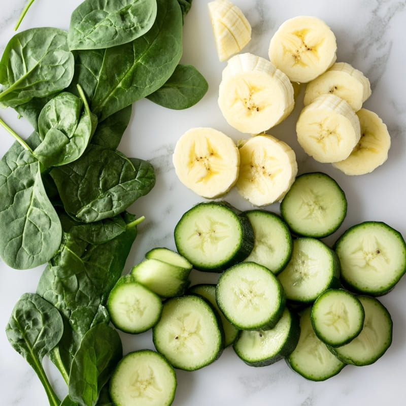Fresh spinach leaves, sliced banana, and chopped cucumber on a white marble surface.