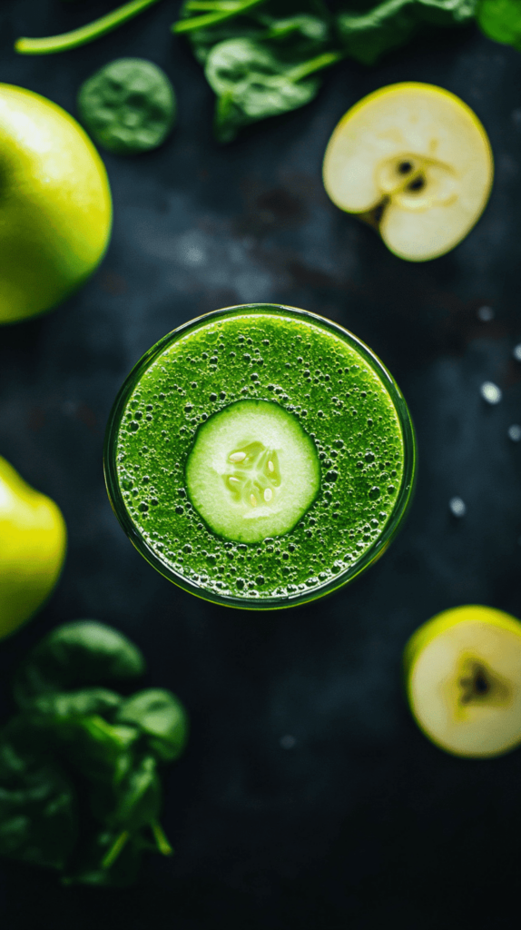 A vibrant, top-down view of a cucumber apple spinach smoothie, featuring a cucumber slice floating on top. Surrounded by fresh spinach leaves and crisp apple slices, this image captures the essence of a refreshing and nutrient-packed green smoothie.