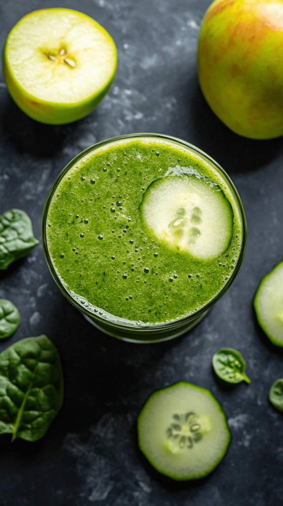 Close-up view of a vibrant cucumber apple spinach smoothie, topped with a fresh cucumber slice. Surrounded by crisp apple halves, leafy spinach, and cucumber slices, this image captures the essence of a refreshing and healthy green smoothie, perfect for any time of day.