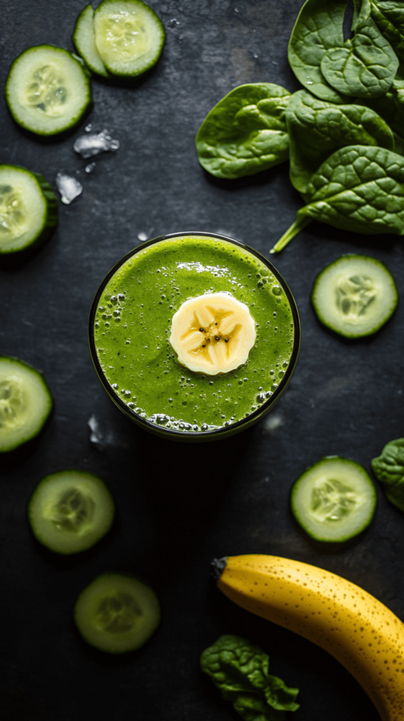 Fresh cucumber, banana, and spinach smoothie topped with a banana slice, surrounded by sliced cucumbers, spinach leaves, and a ripe banana on a dark slate background, highlighting a healthy and vibrant green drink.