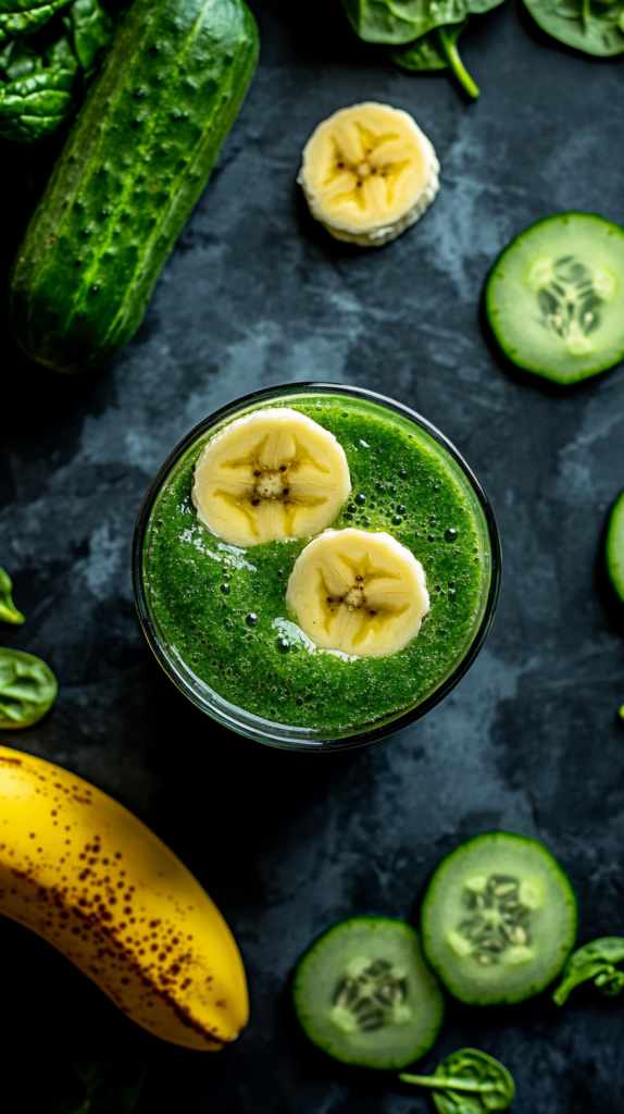 Top-down view of a vibrant cucumber, banana, and spinach smoothie, garnished with fresh banana slices, surrounded by its key ingredients on a dark, textured surface, showcasing a healthy and refreshing green drink.