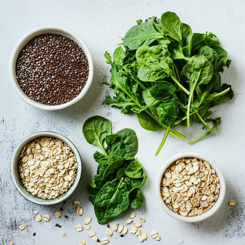 Fresh spinach leaves, flaxseeds, and rolled oats arranged in white bowls on a light textured surface ā healthy smoothie add-ins.