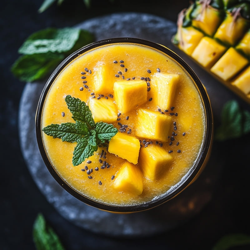 Overhead view of a vibrant mango pineapple smoothie topped with fresh mango chunks, chia seeds, and mint leaves, served in a clear glass on a dark stone surface ā a healthy tropical smoothie rich in vitamin C and antioxidants.