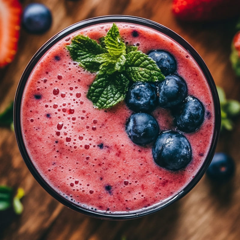 Close-up of a strawberry blueberry smoothie in a glass, topped with fresh blueberries and mint, on a wooden table with scattered berries.