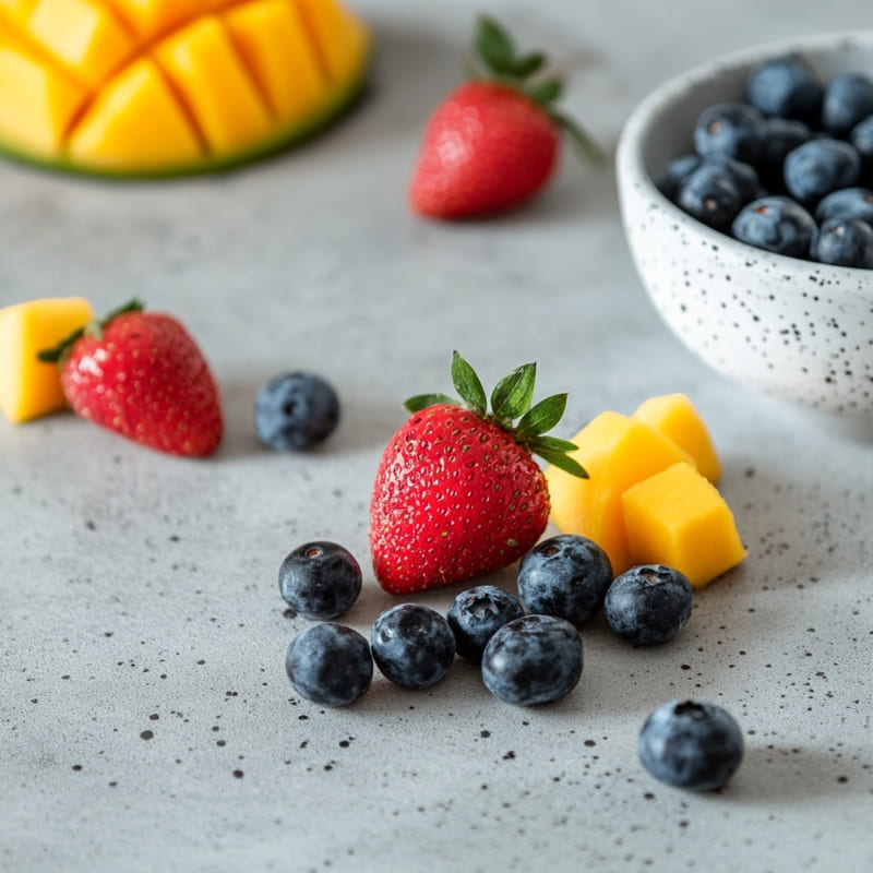 Fresh strawberries, blueberries, and diced mango on a light gray countertop with a bowl of blueberries and sliced mango in the background.