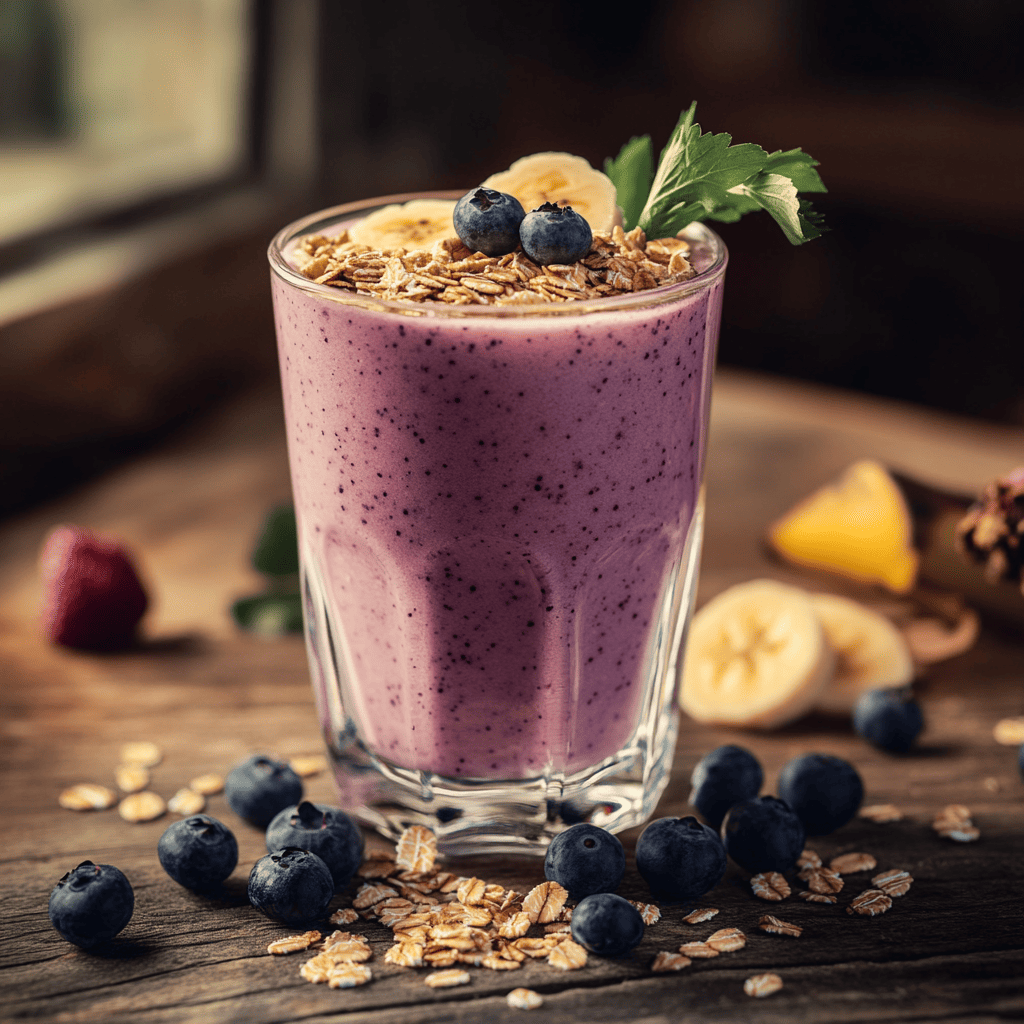 A refreshing glass of banana blueberry oat smoothie topped with fresh blueberries, banana slices, oats, and a sprig of parsley. The smoothie sits on a rustic wooden table, surrounded by scattered oats and blueberries, highlighting the wholesome ingredients in this nutritious and delicious drink.