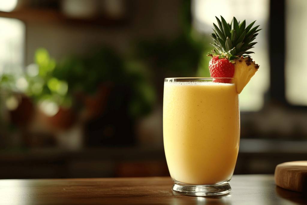 A tall glass of smoothie topped with fresh strawberries and a pineapple slice. The smoothie has a rich, vibrant color, with a thick and creamy texture. 