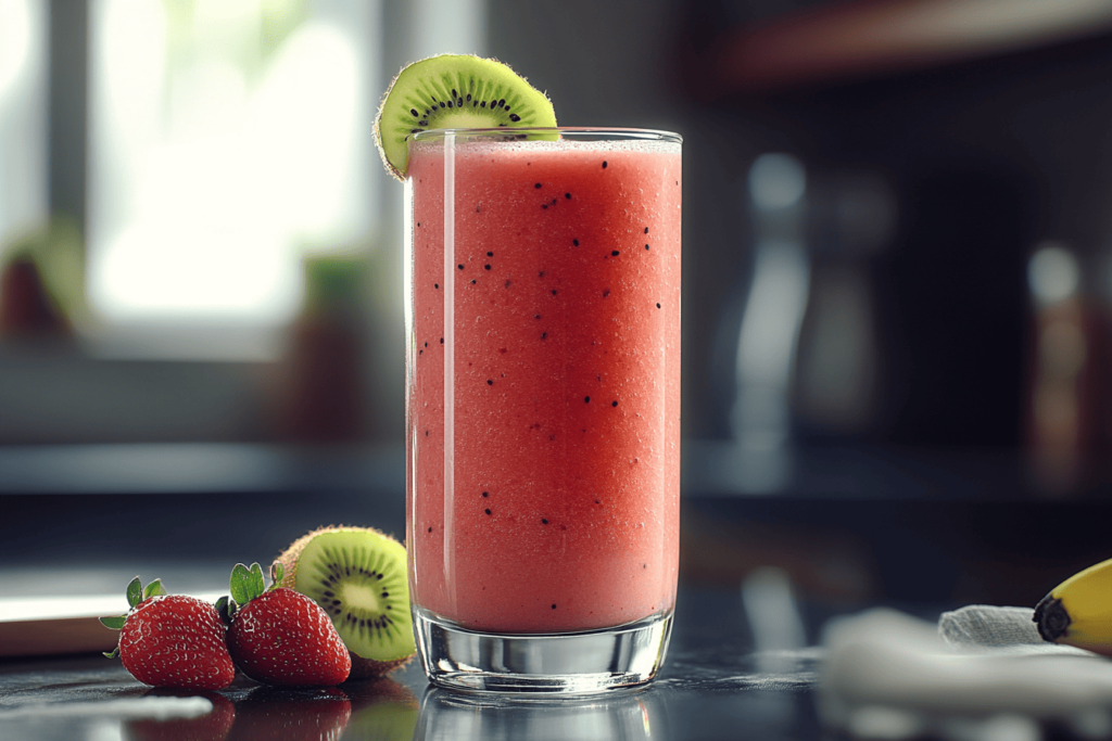 A tall glass of strawberry banana and kiwi smoothie with a vibrant pink color, garnished with a kiwi slice on the rim. Fresh strawberries and a kiwi are placed beside the glass, adding a burst of color to the scene, with a blurred kitchen background for a cozy vibe.