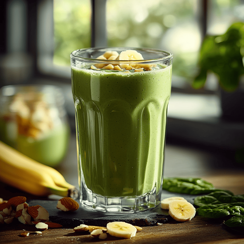 A tall glass filled with a creamy green drink, topped with banana slices and almond pieces, with fresh spinach leaves and a banana nearby, set against a blurred, sunlit background.