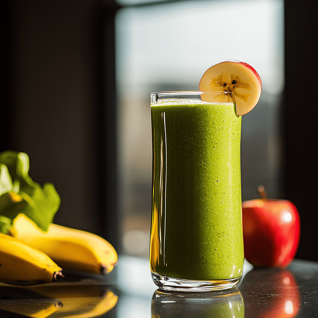 A tall glass of vibrant green spinach breakfast smoothie, garnished with an apple slice, with fresh bananas, an apple, and spinach leaves in the background on a reflective surface.