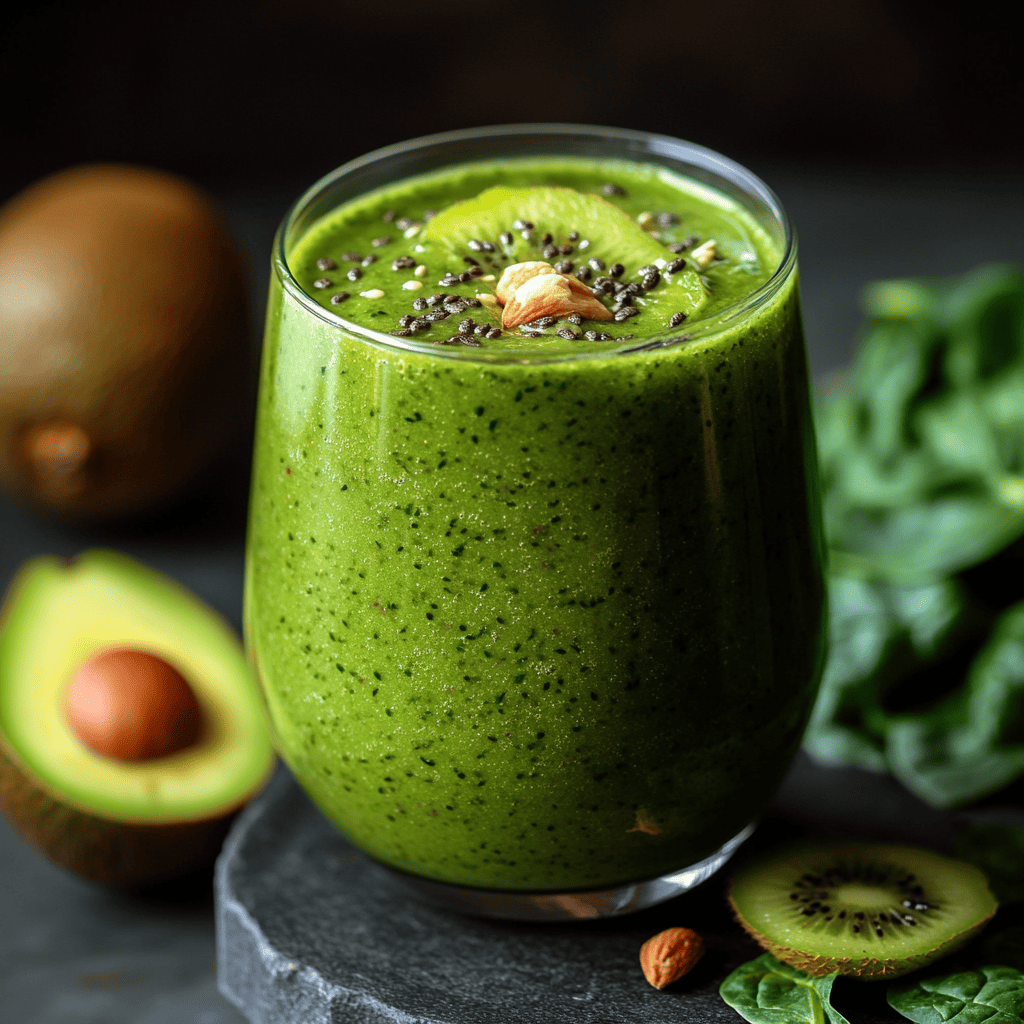 A glass filled with a thick green spinach breakfast smoothie, topped with kiwi slices, chia seeds, and almonds, with fresh avocado, spinach leaves, and kiwi in the background.