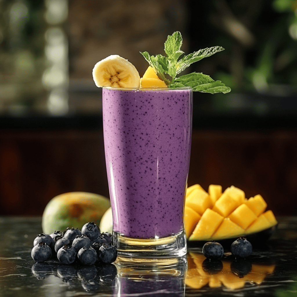 A tall glass of vibrant purple smoothie made from blueberries, mango, and banana, garnished with a banana slice, fresh mango chunks, and a sprig of mint. In the background, there are scattered blueberries, a ripe mango, and chopped mango pieces, creating a tropical, refreshing vibe.