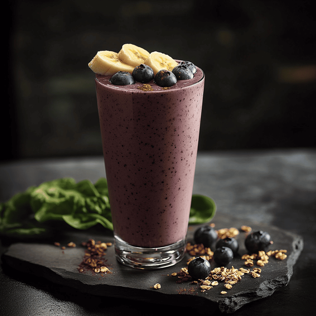 A tall glass filled with a purple drink, topped with banana slices, blueberries, and granola, set on a dark slate surface with fresh spinach leaves and scattered blueberries nearby.