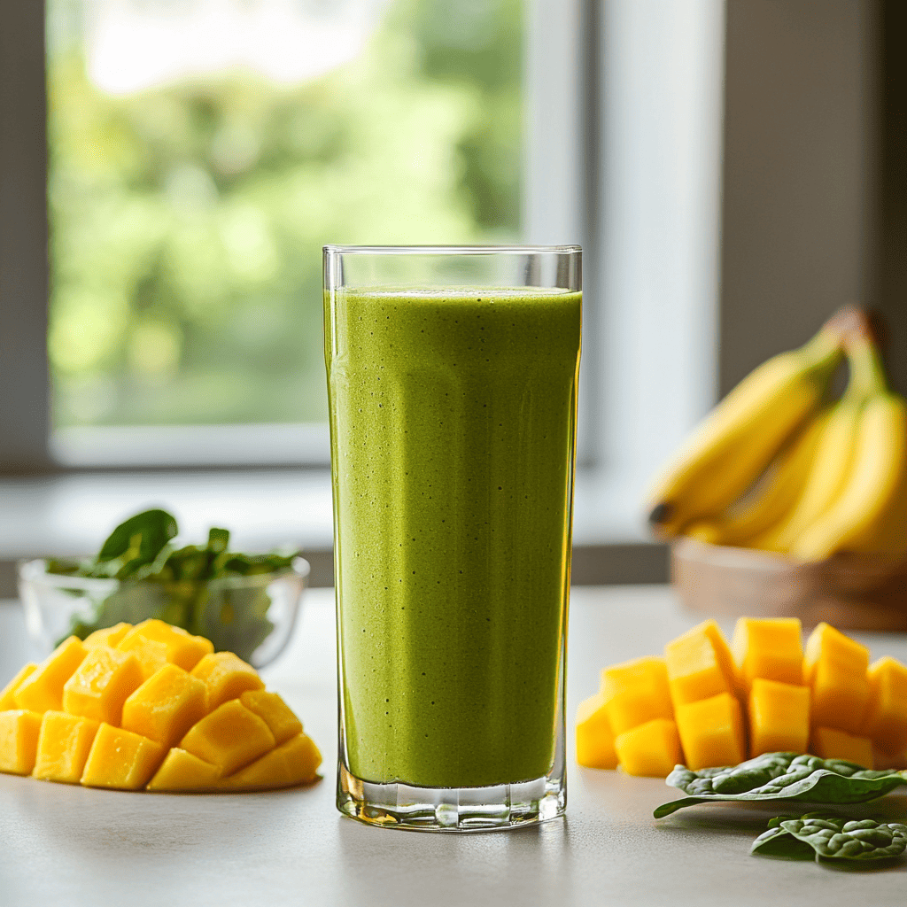 A tall glass filled with a green drink, surrounded by fresh diced mango, spinach leaves, and a bunch of bananas, with a bright window view in the background.