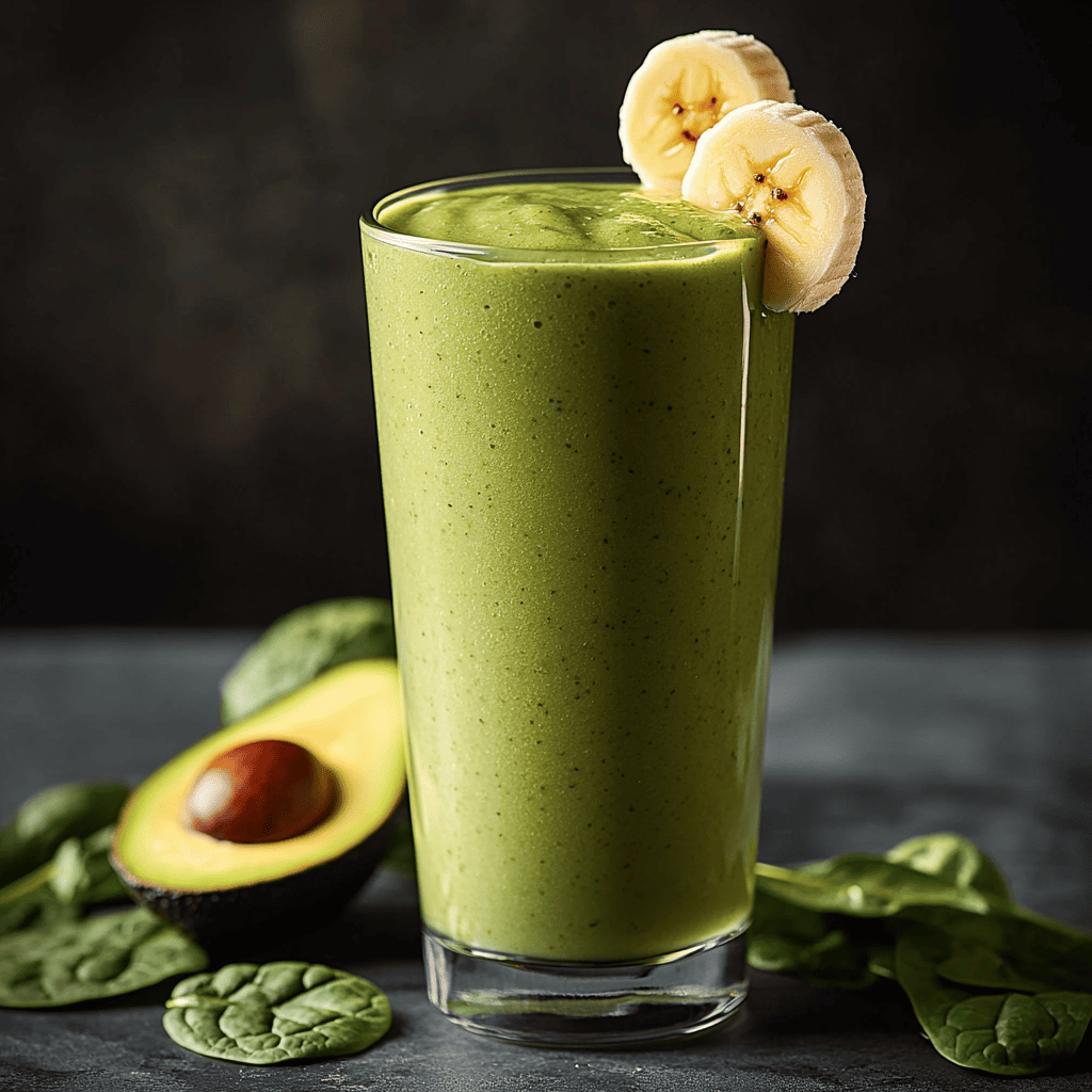 A tall glass filled with a smooth green drink, garnished with banana slices, with fresh avocado and spinach leaves in the background on a dark surface.