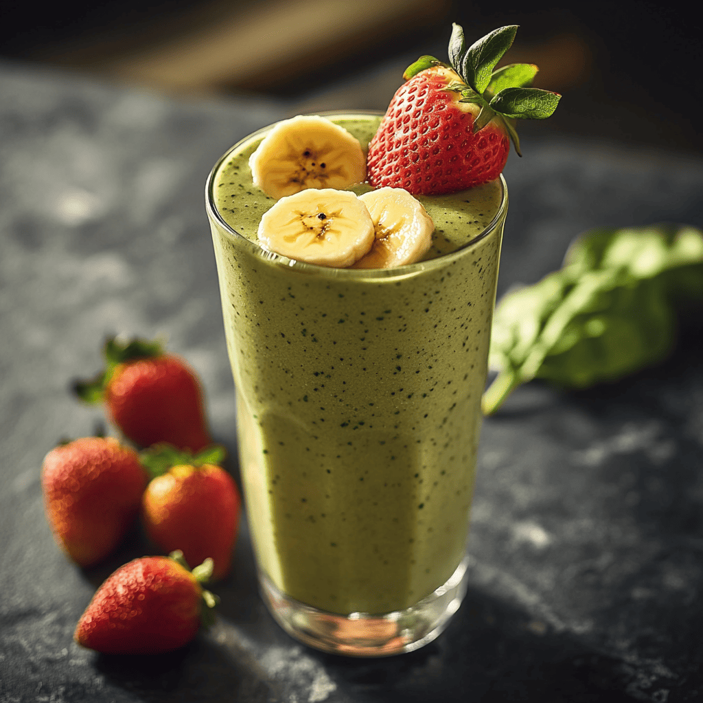 A tall glass of creamy green spinach breakfast smoothie, topped with banana slices and a fresh strawberry, with additional strawberries and spinach leaves nearby on a dark surface.