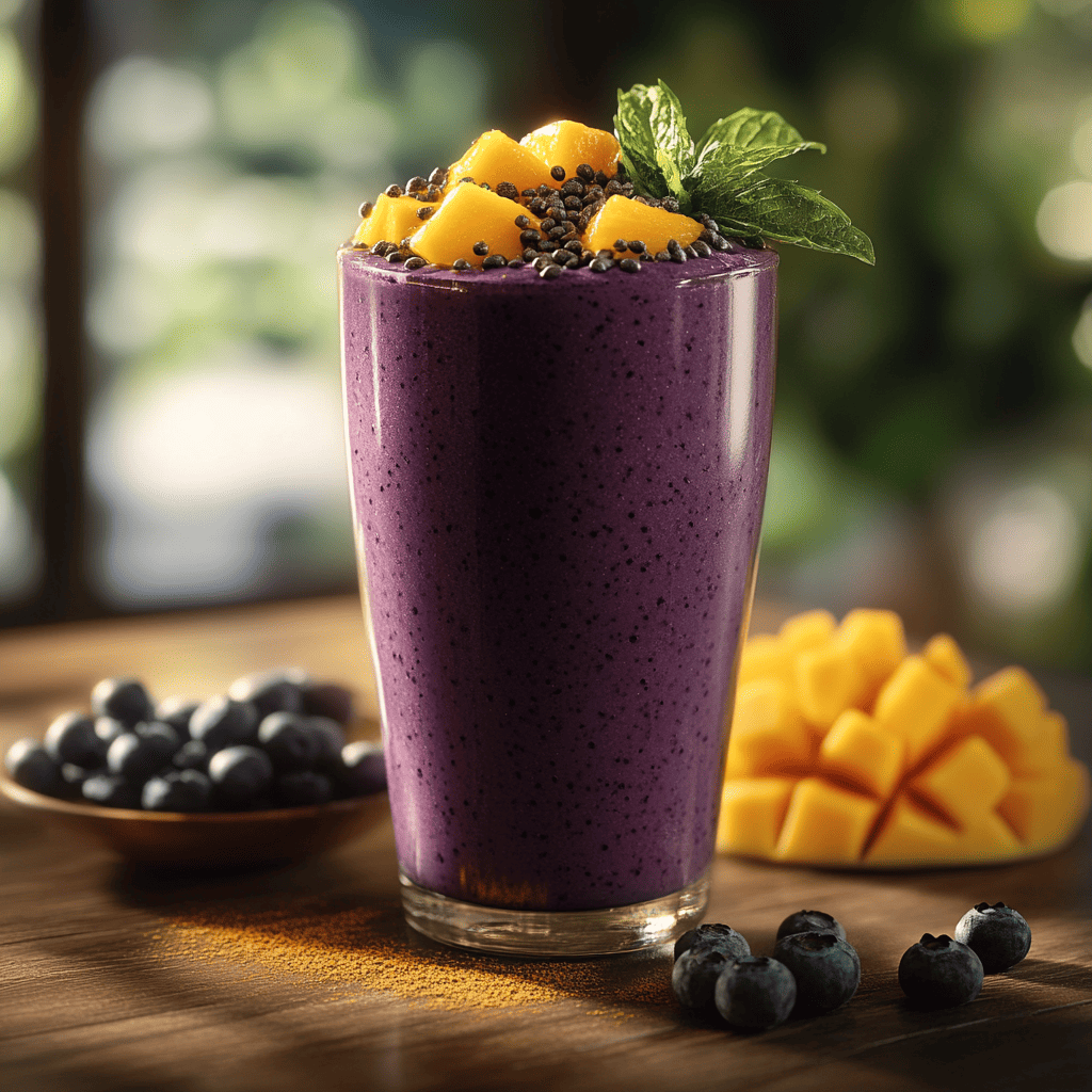 A tall glass filled with a creamy, rich purple blueberry mango protein smoothie, topped with fresh mango chunks, chia seeds, and a sprig of mint. The background includes a bowl of blueberries and additional mango pieces, creating a vibrant, tropical feel. This smoothie is perfect for a post-workout treat, packed with protein, antioxidants, and the delicious flavors of mango and blueberry—making it a standout among mango blueberry smoothie recipes for fueling your day.