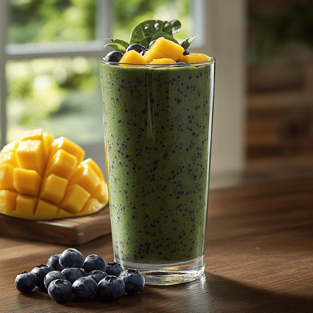 A tall glass filled with a vibrant green blueberry mango spinach smoothie, topped with fresh mango chunks, blueberries, and a spinach leaf garnish. In the background, there’s a diced mango and a handful of blueberries, adding a pop of color to the scene. This refreshing smoothie combines the sweetness of mango, the antioxidant-rich goodness of blueberries, and the nutritious boost of spinach, making it a perfect choice among mango blueberry smoothie recipes for a healthy and delicious treat.