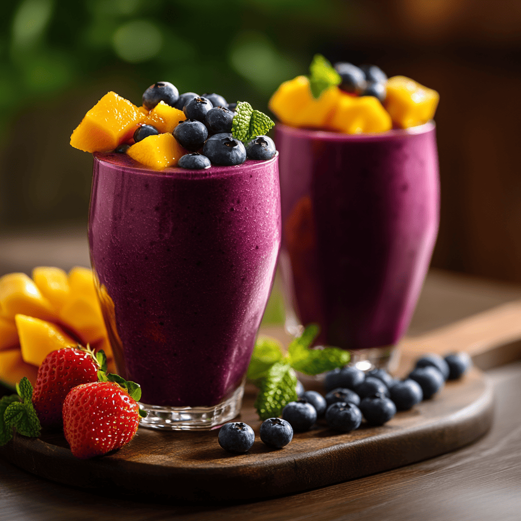 Two glasses filled with vibrant purple blueberry strawberry mango smoothies, topped with fresh blueberries, mango chunks, and a sprig of mint. The scene is set with additional strawberries, blueberries, and diced mango on a wooden board, creating a colorful and refreshing display that highlights the deliciousness of these mango blueberry smoothie recipes. Perfect for a fruity and nutritious treat, these smoothies are bursting with flavor and nutrition!