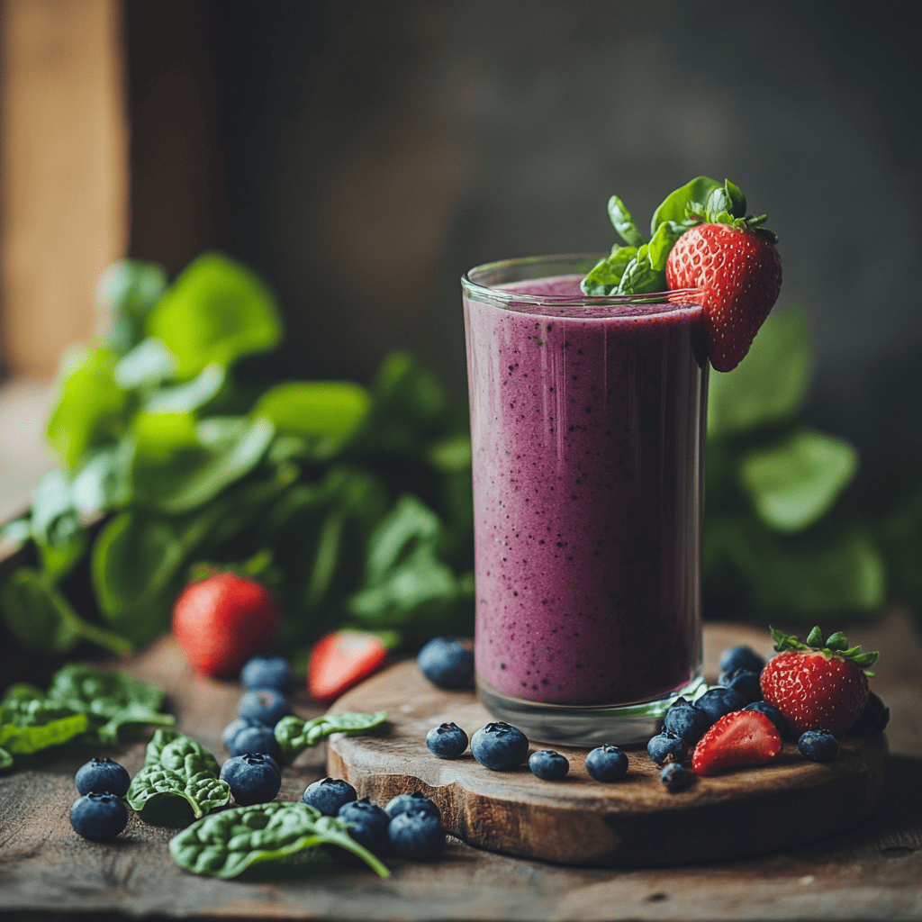 A glass of purple blueberry strawberry spinach smoothie garnished with fresh spinach leaves and a strawberry, surrounded by scattered blueberries, strawberries, and spinach leaves on a wooden surface.