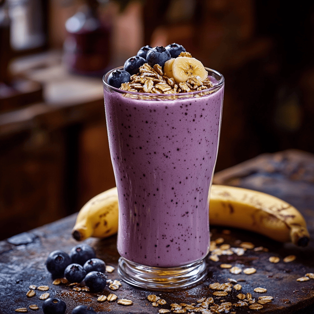 A tall glass of creamy liquid with a vibrant purple hue, topped with fresh blueberries, banana slices, and a sprinkle of oats. 