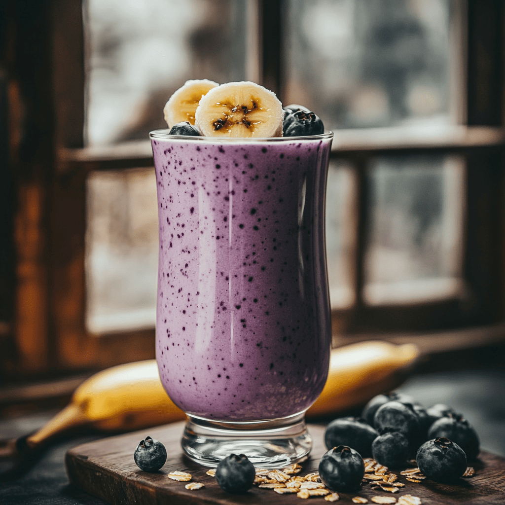 A tall glass of banana blueberry oat smoothie with a rich purple color, topped with fresh banana slices and blueberries. The smoothie is set against a rustic background with oats, blueberries, and a banana nearby, showcasing the wholesome ingredients of this nutritious and delicious drink.