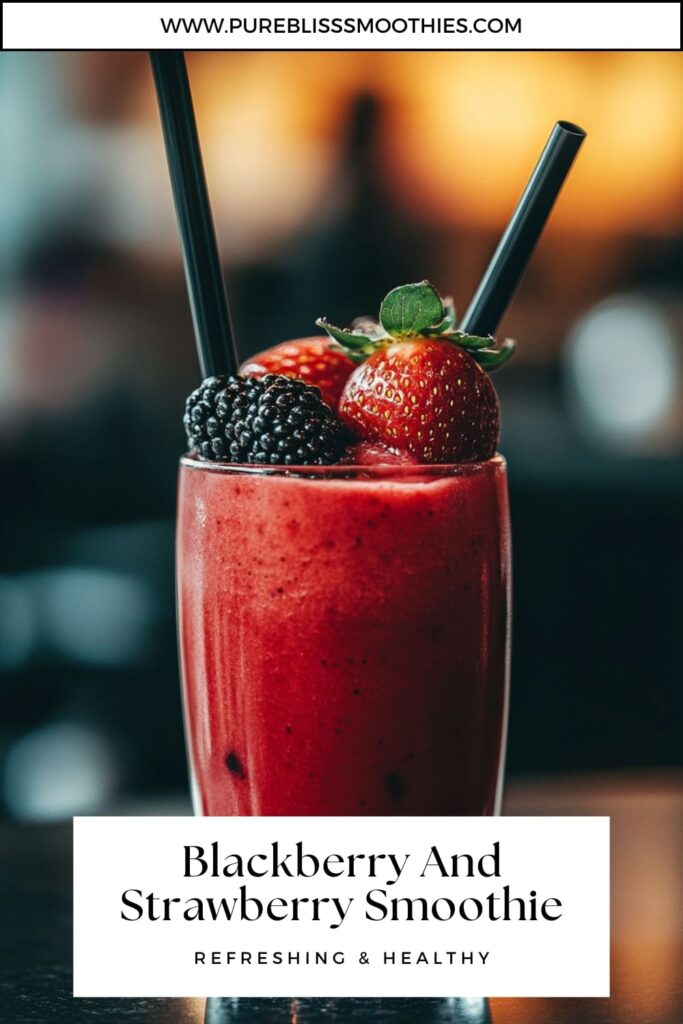 A vibrant glass of blackberry and strawberry smoothie topped with fresh blackberries and strawberries, with two black straws. The smoothie has a rich, deep red color and looks refreshing and healthy. The website URL "www.pureblisssmoothies.com" is displayed at the top, with the text "Blackberry And Strawberry Smoothie - Refreshing & Healthy" at the bottom.