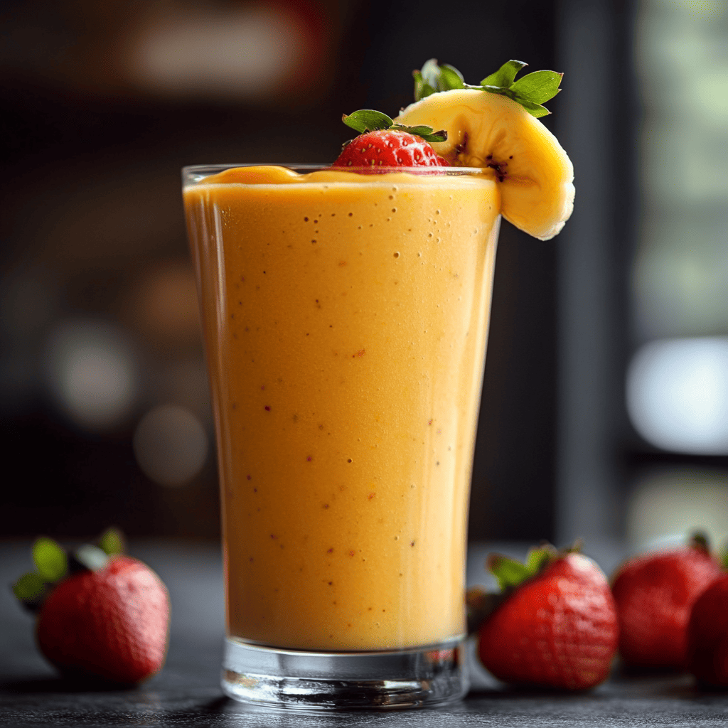 Smooth and creamy mango banana strawberry smoothie in a tall glass, garnished with fresh strawberry and banana slices, with whole strawberries in the background. A vibrant tropical smoothie that’s refreshing and healthy.