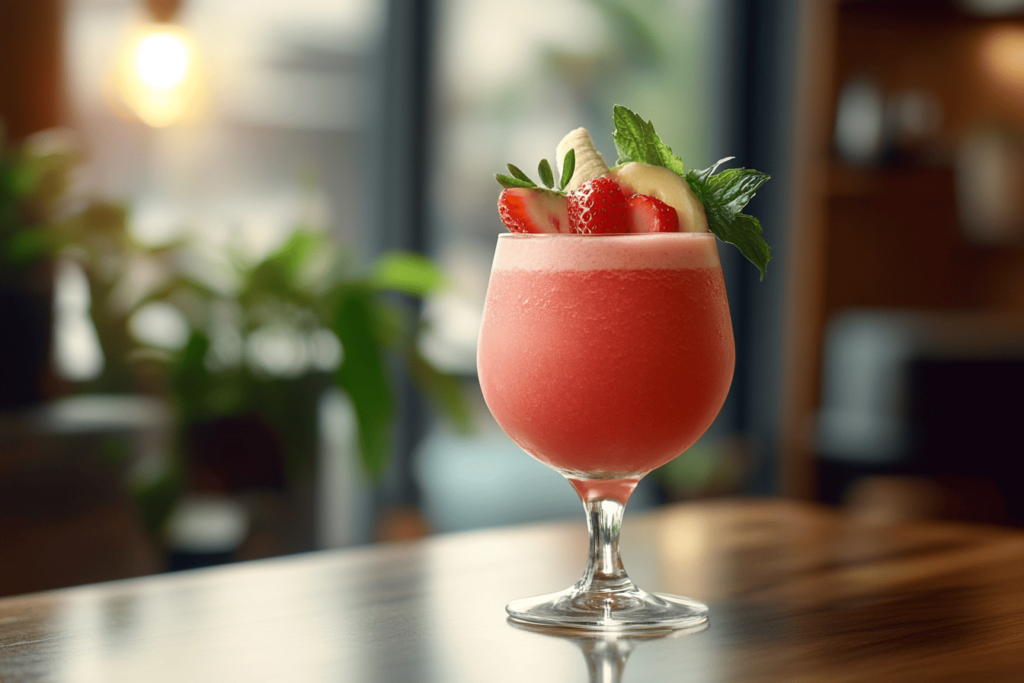 A chilled pink smoothie served in a goblet-style glass, garnished with fresh strawberry slices, banana pieces, and a sprig of mint. The smoothie has a smooth, frothy top, creating a refreshing look. The background features soft, blurred greenery and warm lighting, adding to the relaxed and inviting atmosphere, making the smoothie appear both delicious and refreshing.