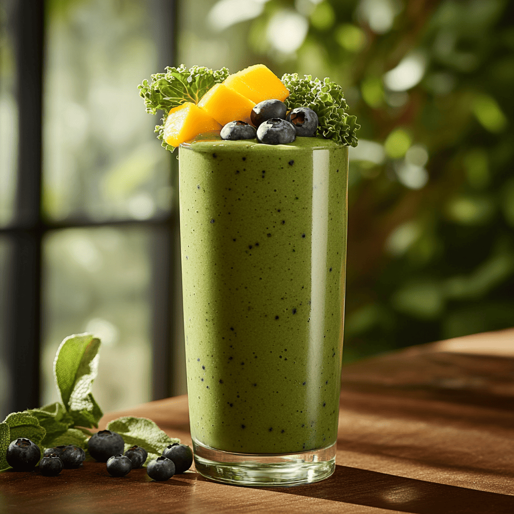 A tall glass filled with a vibrant green smoothie made from kale, mango, and blueberries, topped with fresh mango chunks, blueberries, and a kale leaf garnish. The smoothie is set in a warm, softly lit environment with scattered blueberries and fresh herbs nearby, creating a refreshing and nutritious scene that highlights the blend of fruity and leafy flavors.