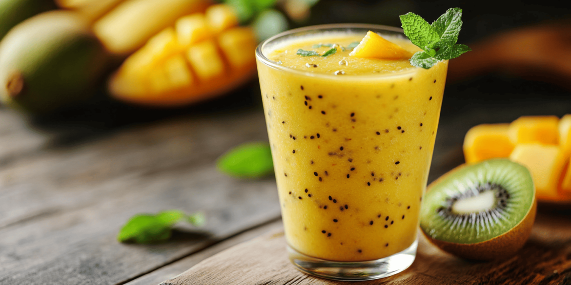 Kiwi Mango Smoothie Recipes  Refreshing, Tropical & Easy to Make (2) A vibrant yellow kiwi mango smoothie in a glass, garnished with fresh mint leaves and mango chunks.