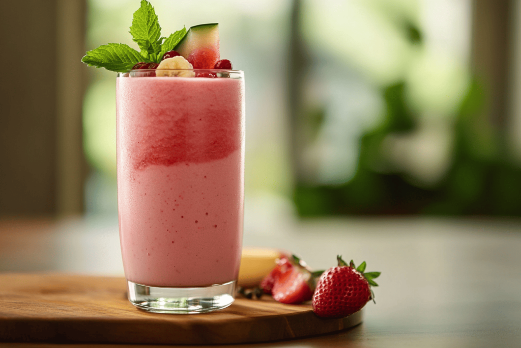 A refreshing strawberry watermelon banana smoothie served in a tall glass, with layered pink tones and a garnish of fresh mint, watermelon slice, banana, and pomegranate seeds. The smoothie sits on a wooden board, surrounded by whole strawberries, creating a vibrant and inviting scene that highlights the smoothie’s fresh ingredients and creamy texture. Perfect for a nutritious and hydrating treat.