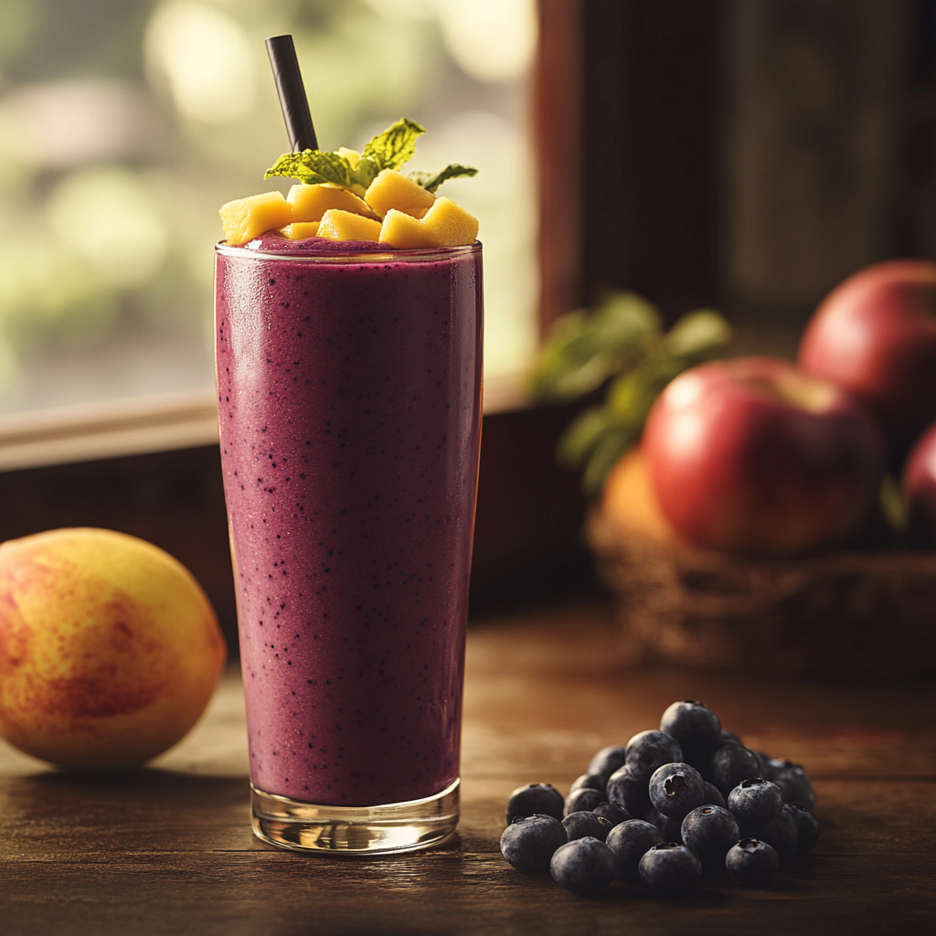 A tall glass filled with a rich purple mango apple blueberry smoothie, topped with fresh mango chunks, a sprig of mint, and a straw for easy sipping. Surrounding the glass are a handful of blueberries, a ripe mango, and apples, set against a cozy, warm backdrop. This smoothie is a refreshing blend of mango, apple, and blueberry, making it a delicious choice among mango blueberry smoothie recipes for a fruity and nutritious treat.