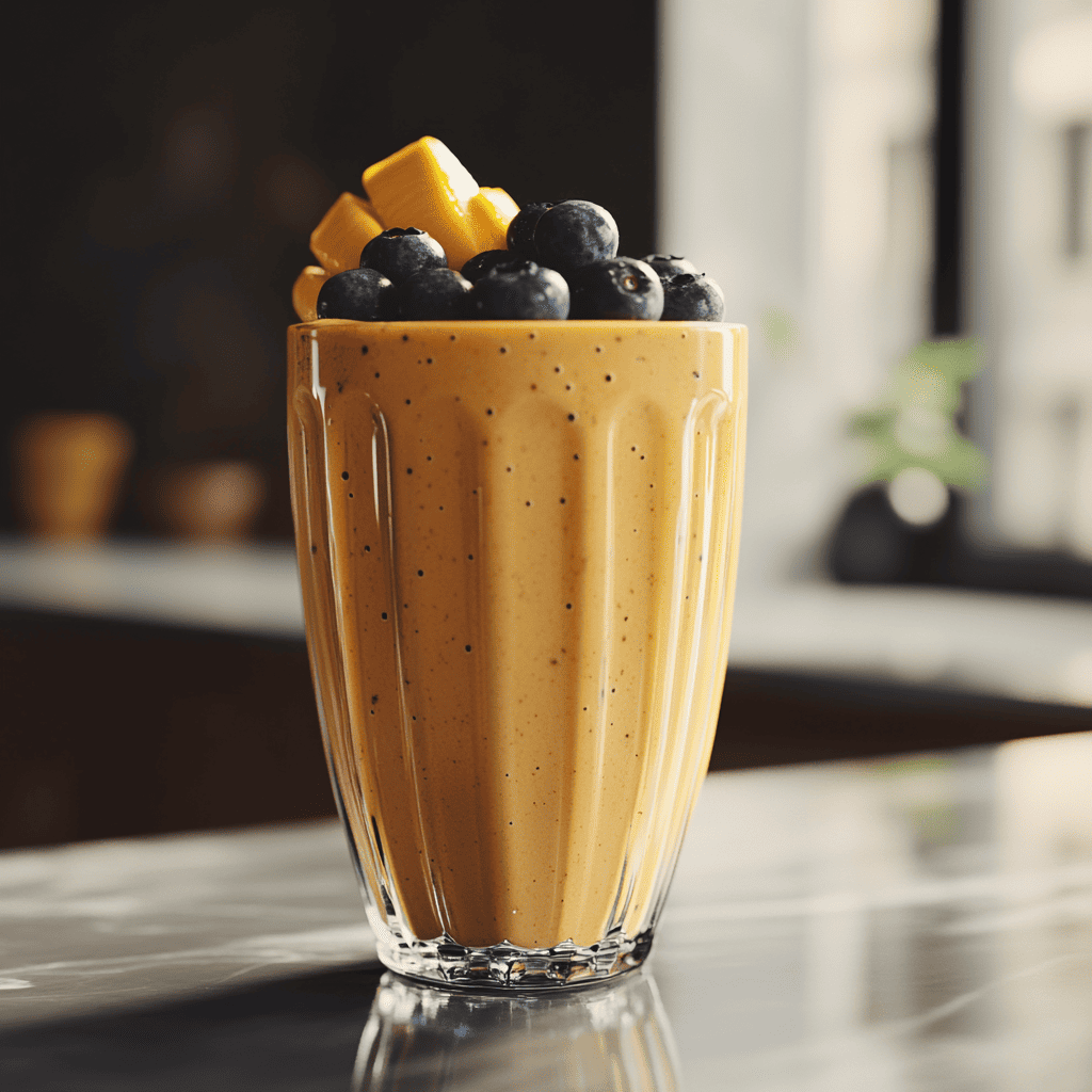 A glass filled with a creamy, rich orange mango blueberry peanut butter smoothie, topped with fresh mango chunks and blueberries. The smoothie has a thick texture, showcasing the delicious blend of mango, blueberry, and peanut butter flavors. Set against a softly lit, modern backdrop, this smoothie is a perfect choice among mango blueberry smoothie recipes for those looking for a satisfying mix of protein, antioxidants, and fruity goodness.