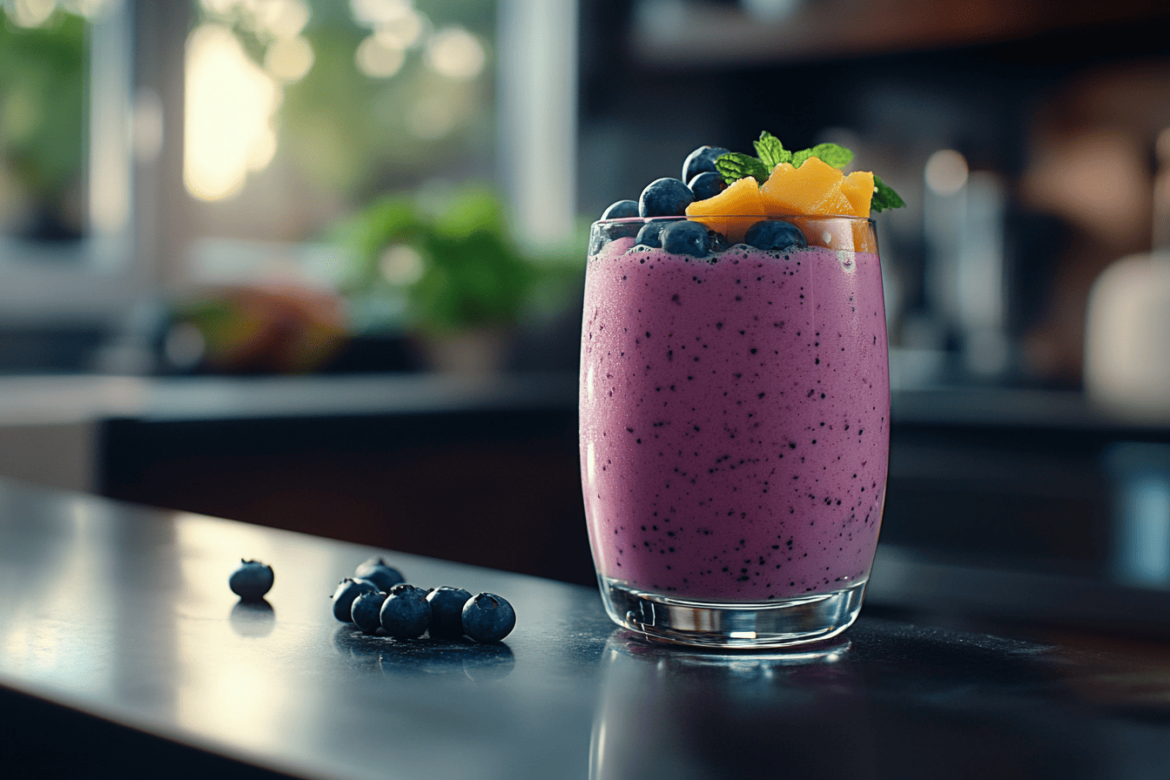 Mango Blueberry Smoothie Recipes (1) A glass filled with a creamy purple mango blueberry smoothie, topped with fresh mango chunks, blueberries, and a sprig of mint.