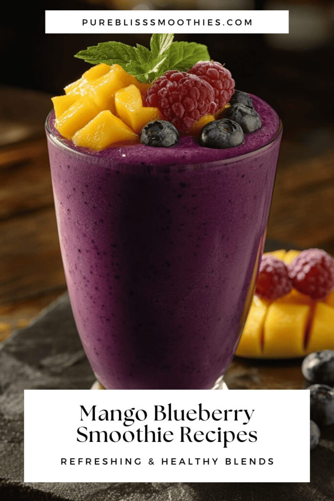 A close-up of a vibrant purple mango blueberry smoothie topped with fresh mango chunks, blueberries, raspberries, and a sprig of mint. The smoothie sits on a rustic surface, showcasing its rich color and creamy texture. A text overlay reads "Mango Blueberry Smoothie Recipes – Refreshing & Healthy Blends" with the website name "pureblisssmoothies.com" above, making this image perfect for promoting delicious and nutritious smoothie recipes.