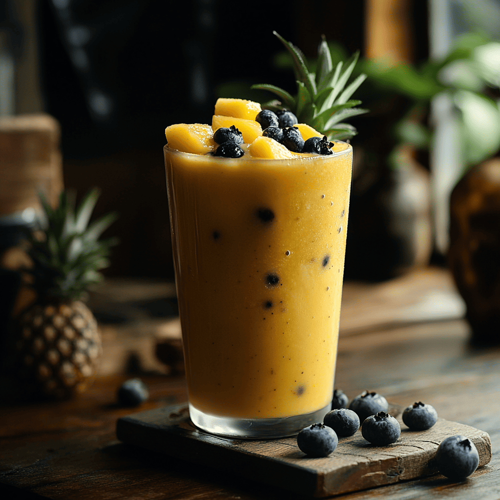 A glass filled with a bright yellow mango pineapple blueberry smoothie, topped with fresh mango chunks, blueberries, and a pineapple leaf garnish. The smoothie features a tropical blend of mango and pineapple with blueberries mixed throughout, creating a vibrant, refreshing look. Set against a rustic background with pineapples and blueberries nearby, this smoothie is an ideal choice among mango blueberry smoothie recipes for those craving a fruity escape with a hint of tropical flair.