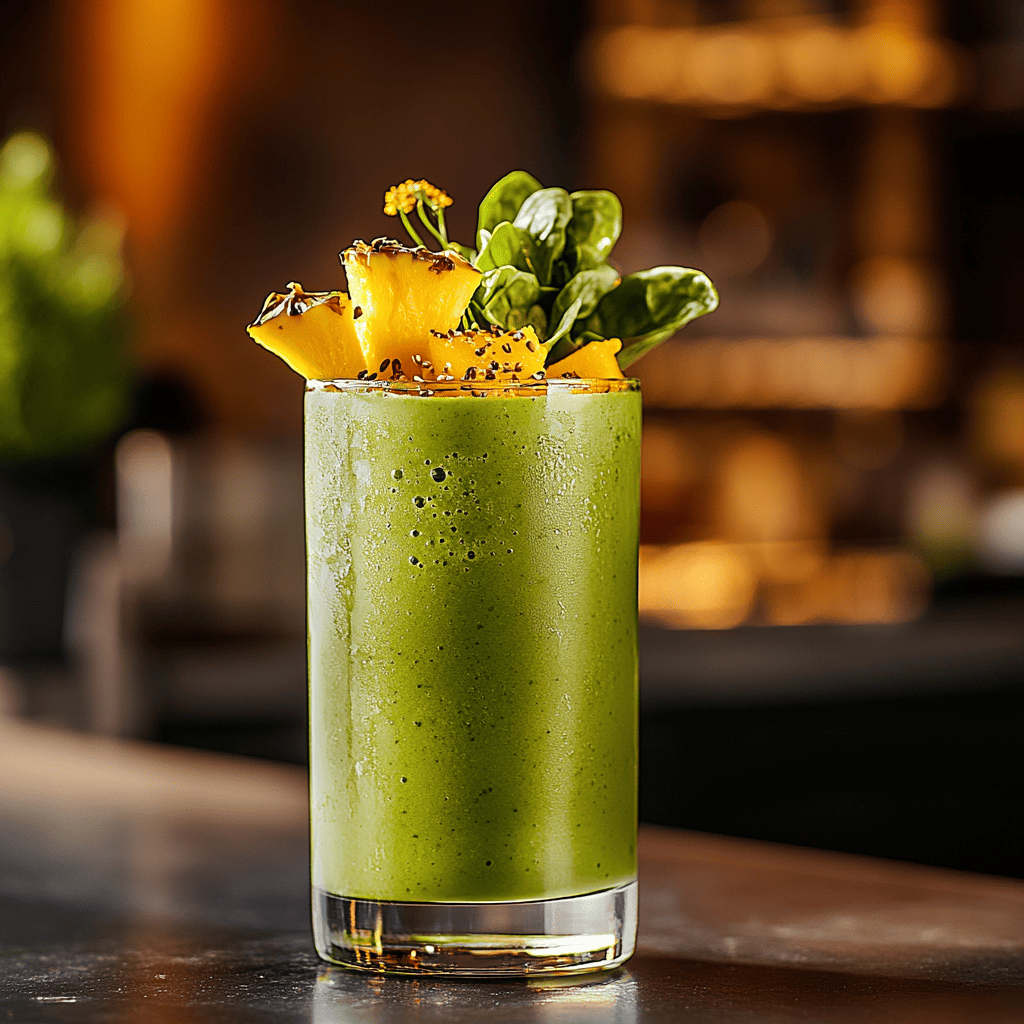 A tall glass of vibrant green mango pineapple spinach breakfast smoothie, topped with fresh pineapple chunks, spinach leaves, and chia seeds, set against a warm, blurred background.