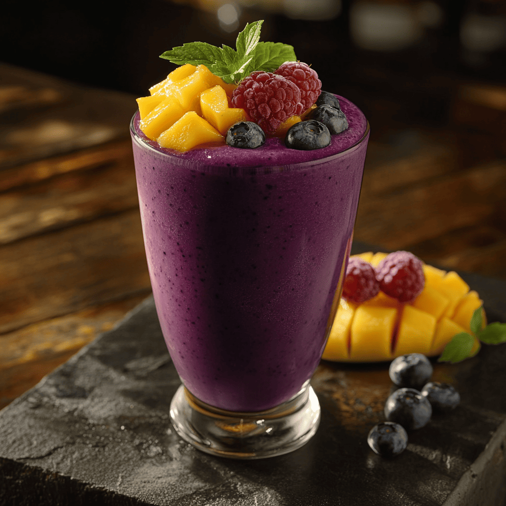 A glass filled with a vibrant purple drink. The drink sits on a rustic slate surface.