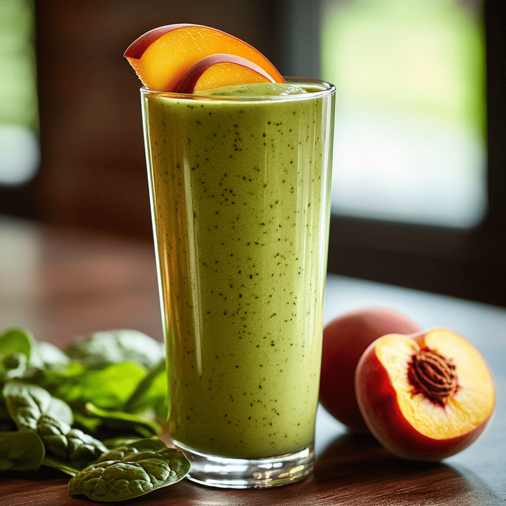 A tall glass of green peach and spinach smoothie garnished with fresh peach slices, with fresh spinach leaves and a whole peach placed beside it. The smoothie has a smooth and creamy texture, and it’s set against a softly lit background, creating a refreshing and inviting look.