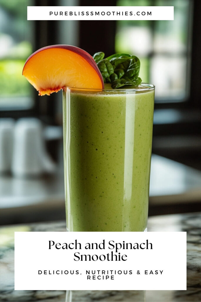 A tall glass of green peach and spinach smoothie garnished with a fresh peach slice and spinach leaves, displayed with a website banner at the top reading "PUREBLISSSMOOTHIES.COM." The smoothie is smooth and creamy, with a label below it saying "Peach and Spinach Smoothie: Delicious, Nutritious & Easy Recipe." The image conveys a refreshing and healthy vibe, perfect for promoting a peach and spinach smoothie recipe.