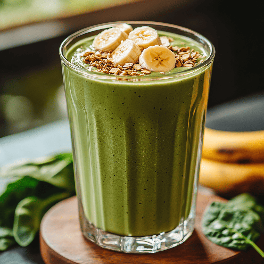 A tall glass of creamy spinach breakfast smoothie topped with banana slices and granola, with fresh spinach leaves and bananas in the background.