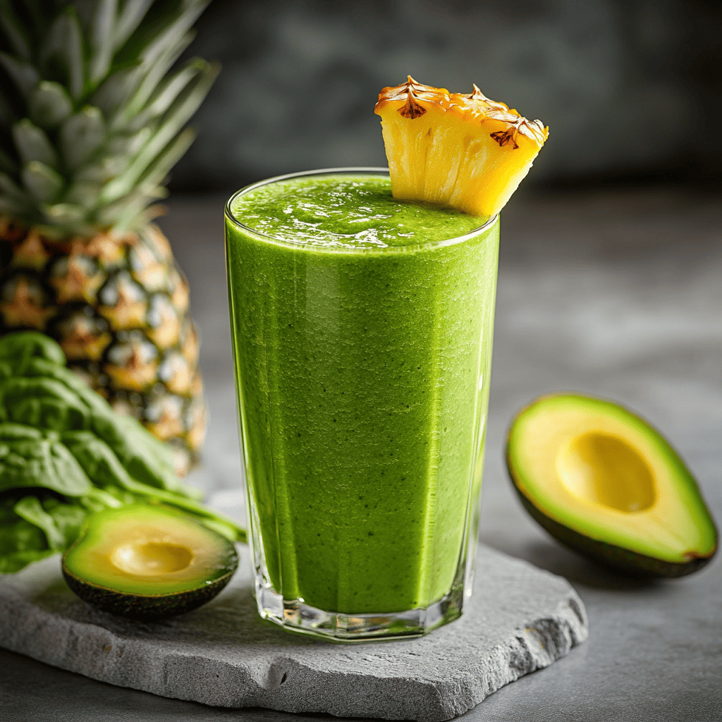 A tall glass of vibrant green pineapple avocado spinach breakfast smoothie, garnished with a pineapple slice, with fresh avocado, spinach leaves, and a whole pineapple in the background.