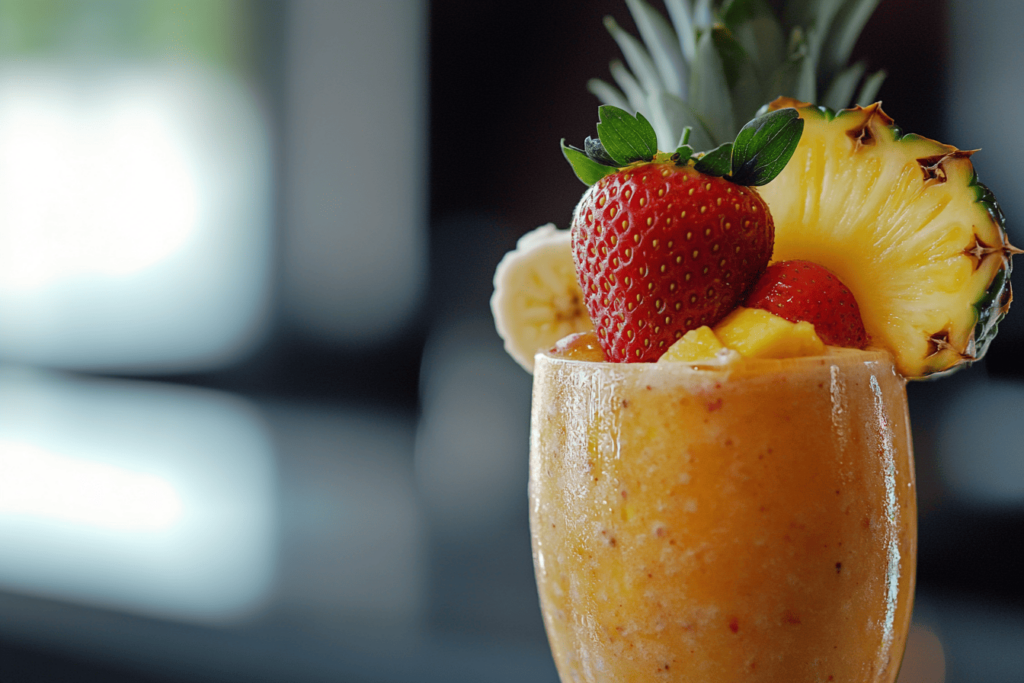 A vibrant pineapple strawberry banana smoothie served in a glass, topped with fresh pineapple slices, strawberries, and banana pieces. The smoothie has a thick, blended texture and showcases a tropical garnish, making it a delicious and visually appealing drink.