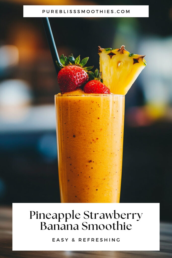 A tall glass of pineapple strawberry banana smoothie topped with fresh strawberries and a pineapple slice. The smoothie has a rich, vibrant color, with a thick and creamy texture. The image features the text "Pineapple Strawberry Banana Smoothie - Easy & Refreshing" along with the website name "pureblisssmoothies.com" at the top.