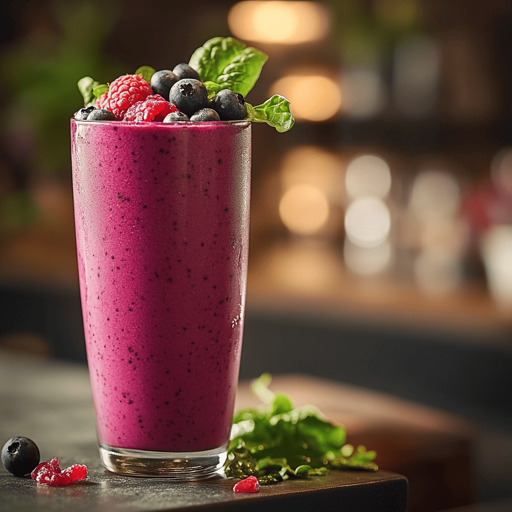 A tall glass filled with a vibrant purple drink, topped with fresh raspberries, blueberries, and a spinach leaf, with a blurred, warmly lit background.